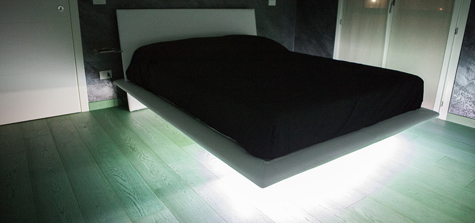 The main bedroom and its bed floating in the void.